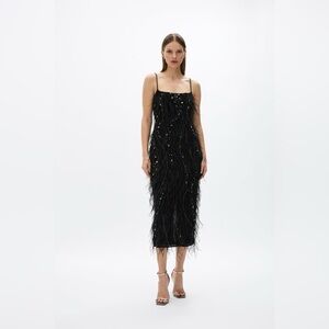 Rachel Gilbert Cynthia Crystal Ostrich Feather Embellished Midi Dress AU1/US4NWT